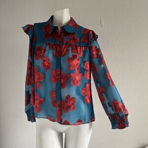 Alice + Olivia Ziggy Ruffled Floral Silk Blouse – Medium (Estimated)
